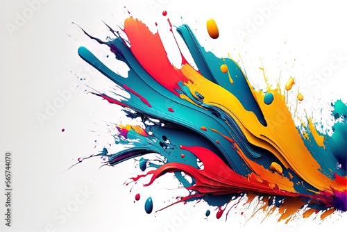 Abstract colorful bright vivid colors liquid acrylic paint motion flow on white background with swirls and paint explosions and drops. Business background template