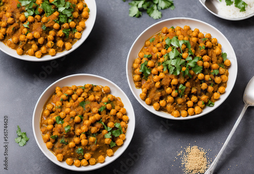 Chickpea dish with curry, cooked chickpeas with spices and herbs. Vegetarian food