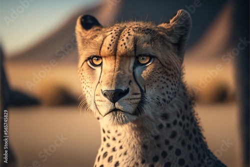  a cheetah staring at the camera with a mountain in the background in the distance, with a blurry image of a mountain in the foreground.  generative ai photo