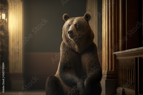 a large brown bear sitting on its hind legs in a room with columns and a chandelier on the wall and a light shining on the floor.  generative ai photo