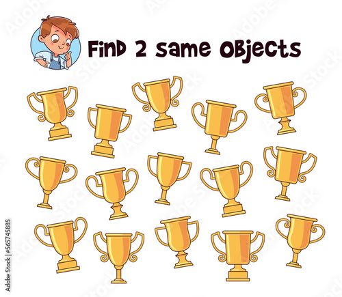 Find 2 same objects. Educational game for children. Choose correct answer. Colorful cartoon characters. Funny vector illustration. Isolated on white background