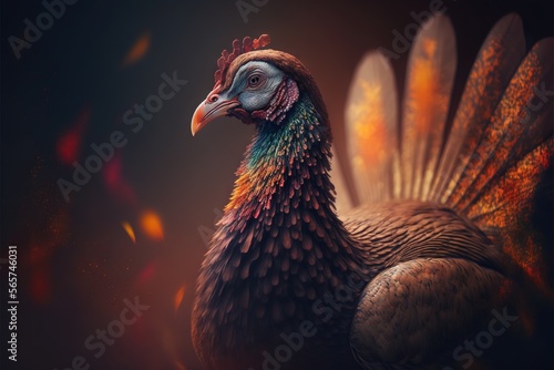  a colorful bird with feathers on its head and tail, standing in front of a dark background with a red and yellow tail and a black head.  generative ai photo
