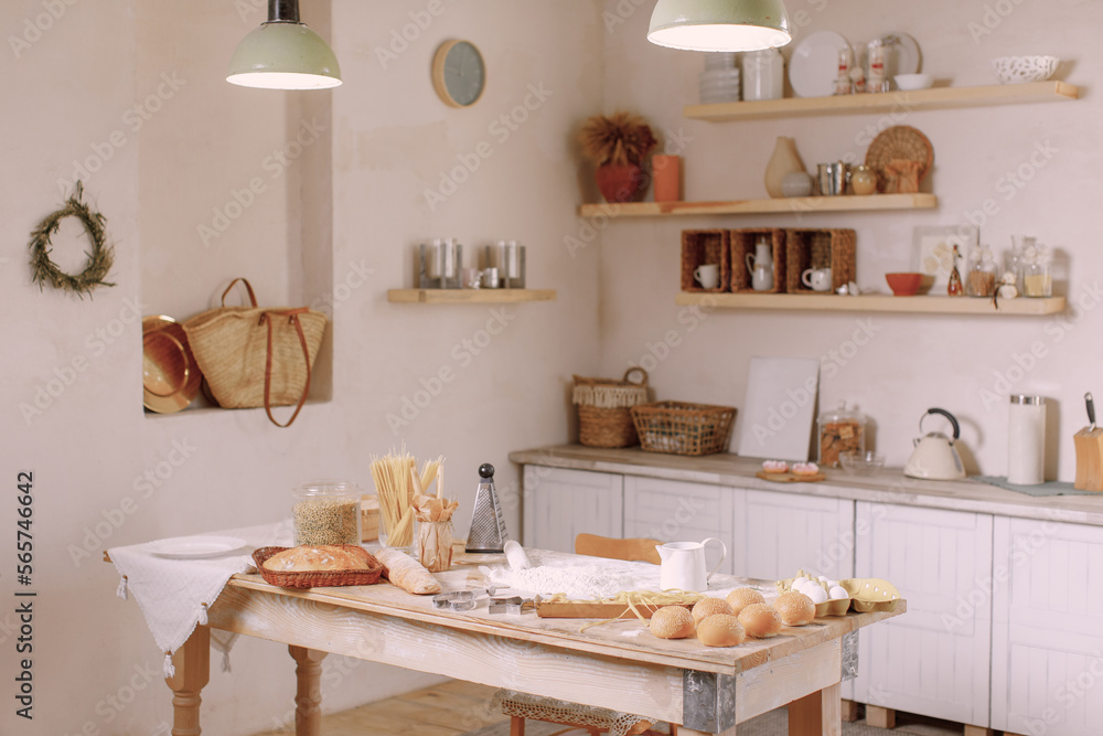 flour and bread products on the kitchen table