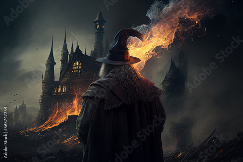 Wizard looking the destruction of fire
