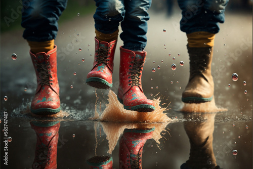legs of child with rubber boots jump in puddle on an autumn walk (AI Generated)