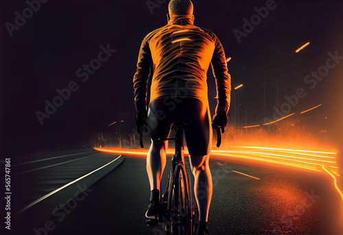 Man riding bike night background. Illustration AI Generative