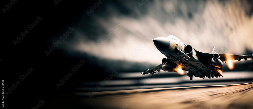 Combat military fighter rapidly takes off at high speed from the runway ...