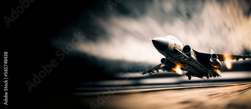 Fotografia Combat military fighter rapidly takes off at high speed from the runway, for tracking and hitting a target with copy space