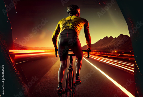 Man riding bike night background. Illustration AI Generative