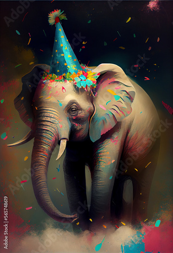 An elephant wearing a birthday hat