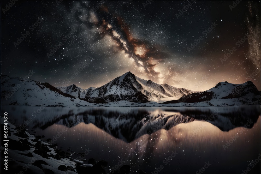 Milky way reflecting in Lake with Mountain Background