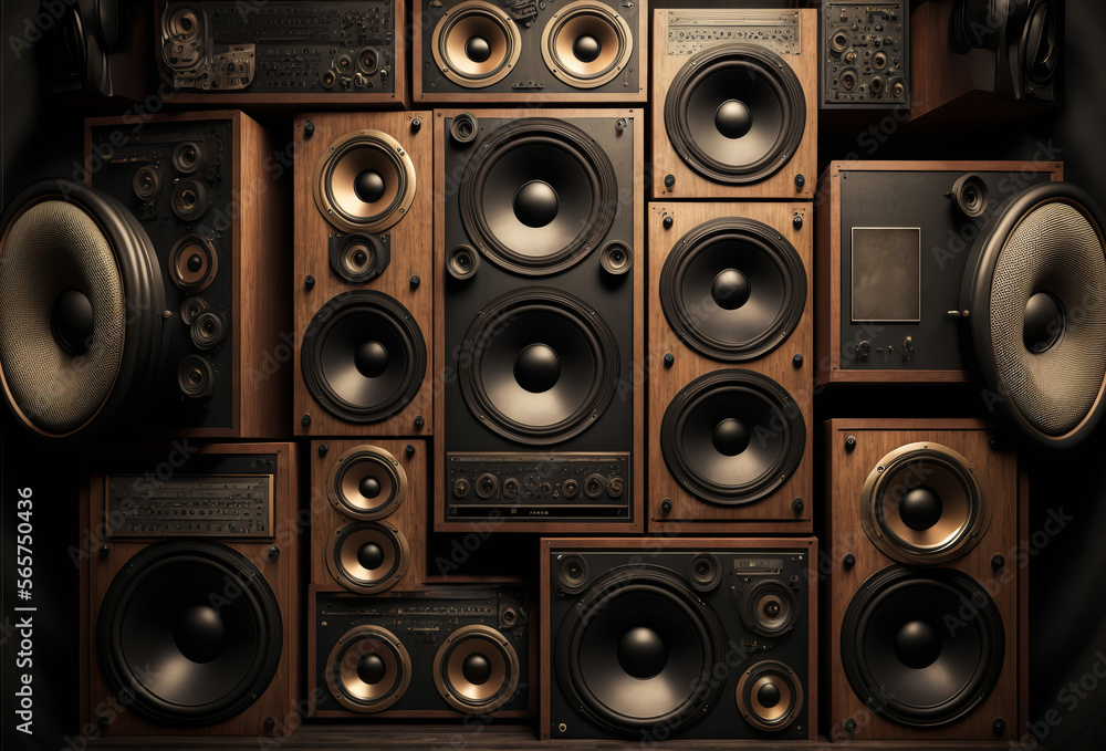 A large stack of vintage music audio speakers. Generative ai - obrazy, fototapety, plakaty 