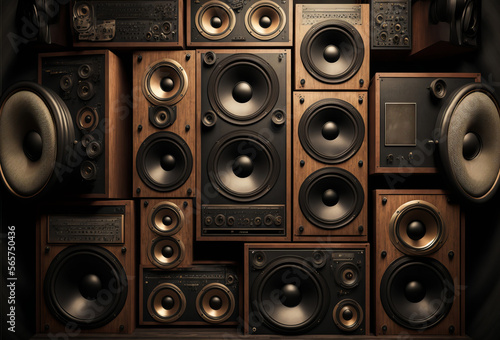 A large stack of vintage music audio speakers. Generative ai photo
