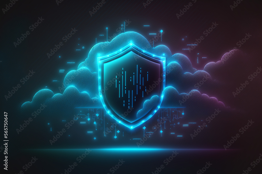 Cloud computing and cyber security, data protective lock and shield. Generative AI illustration - obrazy, fototapety, plakaty 