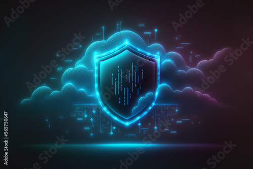 Cloud computing and cyber security, data protective lock and shield. Generative AI illustration