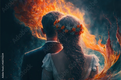 Created with Generative AI technology. Unhappy bride and groom in anticipation of a bad marriage. The fire devours the young couple