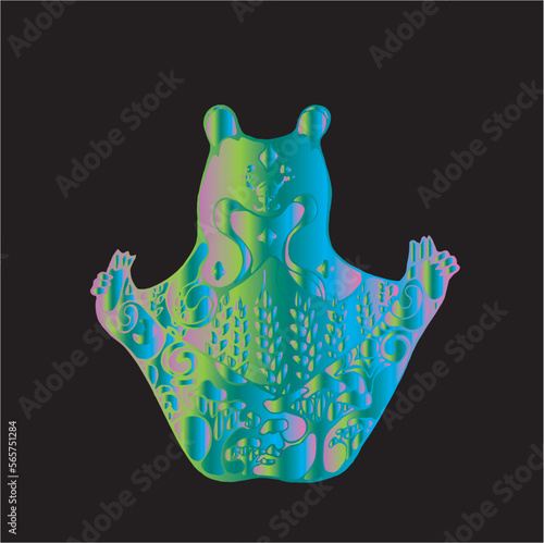 Bear in yoga pose with floral ornaments. Rainbow color gradient.