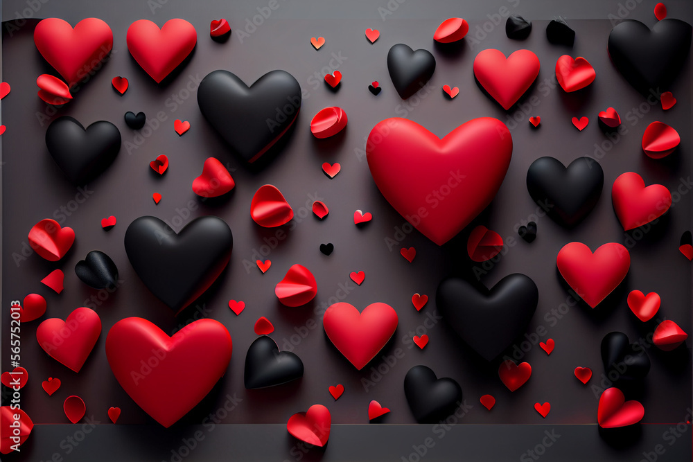 Abstract red and black illustration of hearts romantic background wallpaper made with generative AI