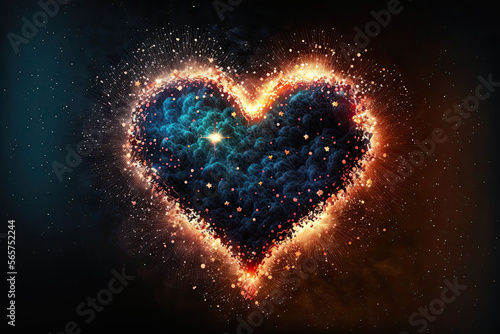 Valentin s day heart shaped by fireworks on a starry dark sky. Background illustration created with Generative AI.