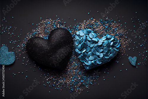 Abstract blue and black illustration of hearts and glitter romantic background wallpaper made with generative AI
