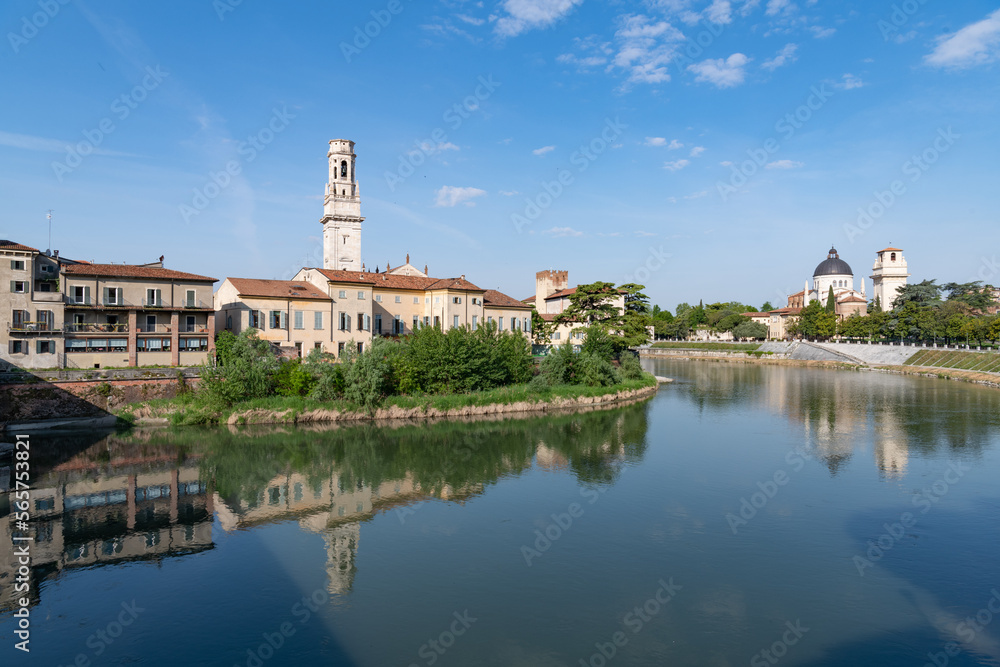 View looking across the Fiume Adige towards the St Giorgio church in Verona Italy