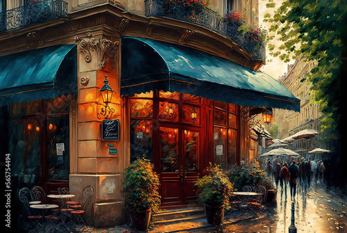 A caf   in Paris is charming and lively  showing narrow and picturesque streets  brick houses and sloping roofs. The caf   has a lively terrace with wrought iron tables and chairs.