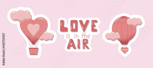 Valentine day cute pink stickers in form of air balloons and lettering. Aerostat. Color pastel elements for wrapping paper and gift boxes
