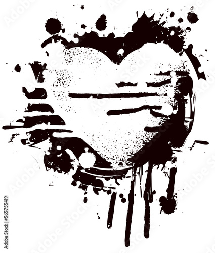 Vector abstract black heart sign with drops and streaks. A bloody heart with spots isolated on a light background. Suitable for valentine card, t-shirt design, tattoo, sticker, design element, greetin