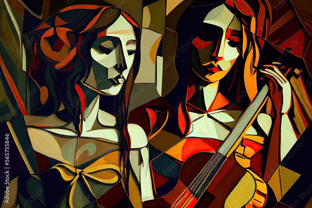 two figurative women playing music, contemporary oil painting, generative AI Art