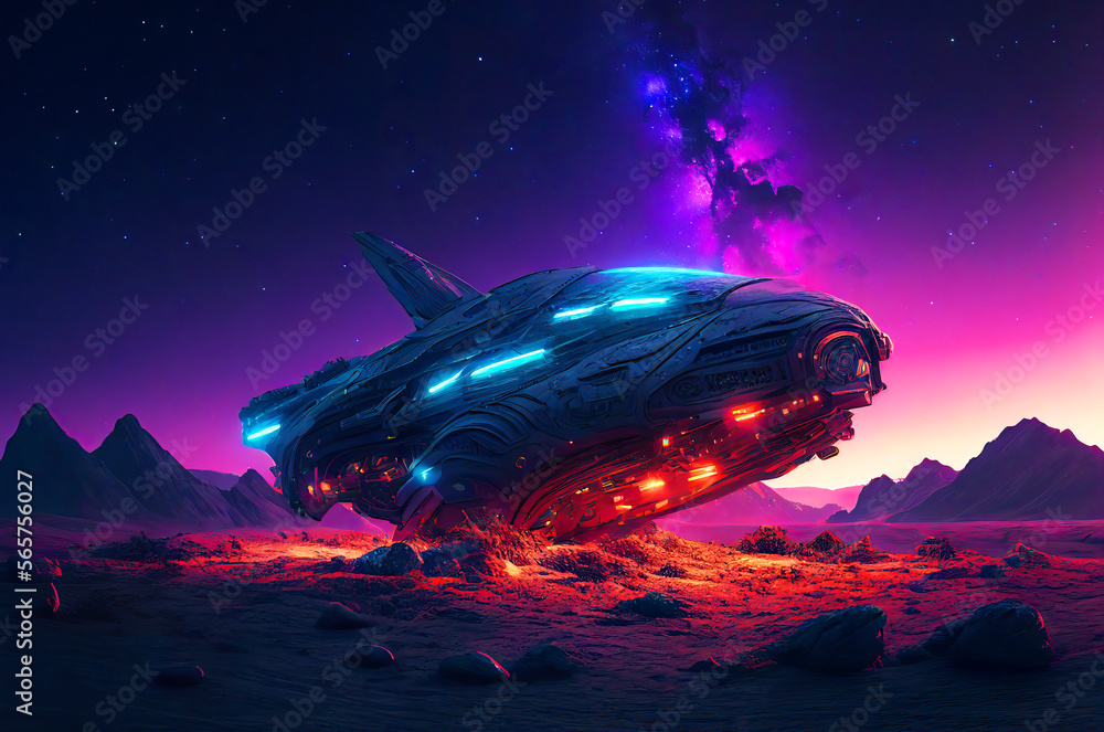 Extraterrestrial spaceship on the alien planet sorrounded with neon glowing lights generative ai illustration Extraterrestrial spaceship on the alien planet sorrounded with neon glowing lights generative ai illustration
