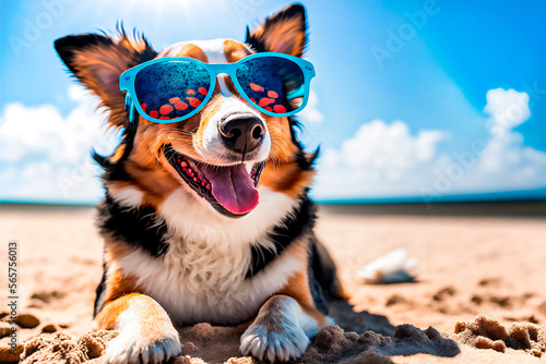 cute dog wearing sunglasses enjoying summer on beach sand © Ferasdodesign