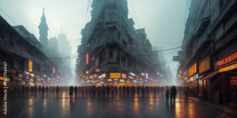 Fototapeta premium Asian city in cyberpunk style. Streets with a view to the future
