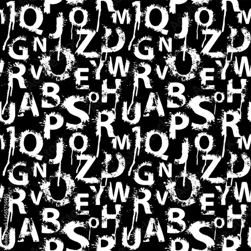 Seamless pattern with alphabet letters in form of colored paint splashes and blots. Abstract vector background with latin letters. Suitable for wallpaper, wrapping paper or fabric