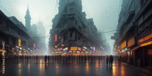 Asian city in cyberpunk style. Streets with a view to the future