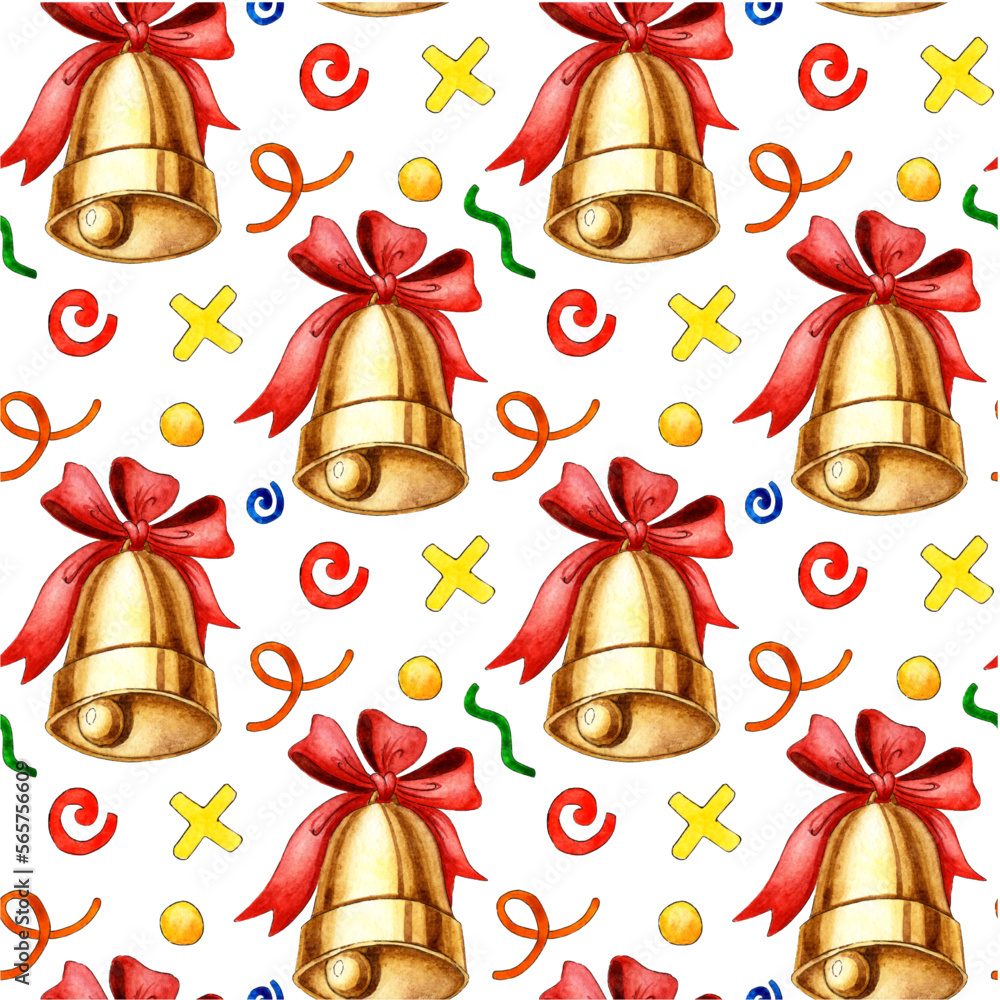 Watercolor golden metal bell with red bow and doodle isolated on white ...