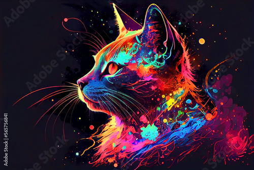 Cat reflective neon glow colors painting illustration. Generative AI.