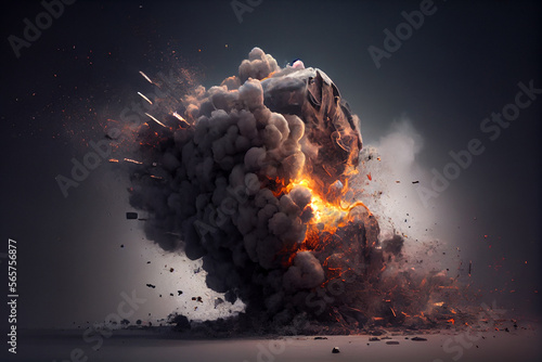 Fiery bomb explosion with sparks and smoke. Huge, extremely hot explosion with sparks and hot smoke, against black background. Ai generated. photo
