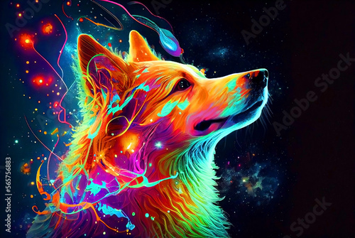 Wolf reflective neon glow colors painting illustration. Generative AI.