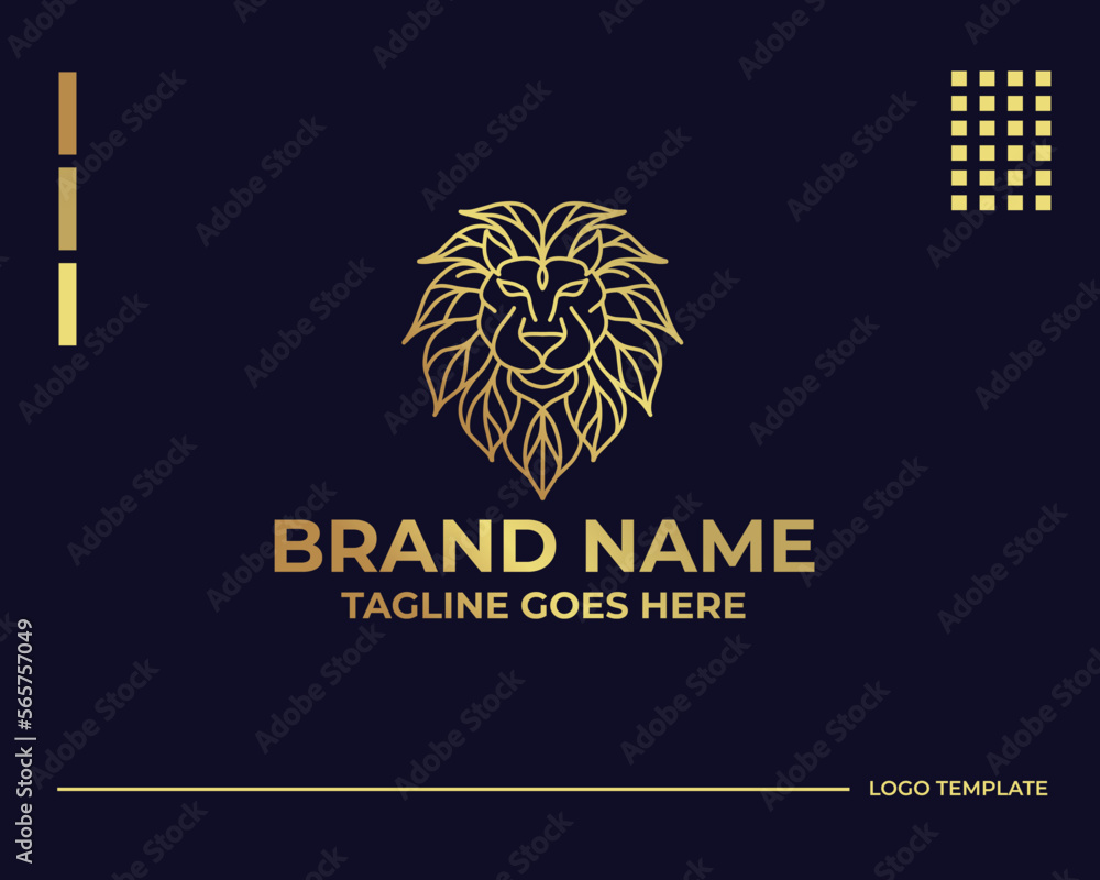 Fototapeta premium Minimal vector illustration of round shaped linear style logo design template of golden geometric lion head as aggressive apex predator