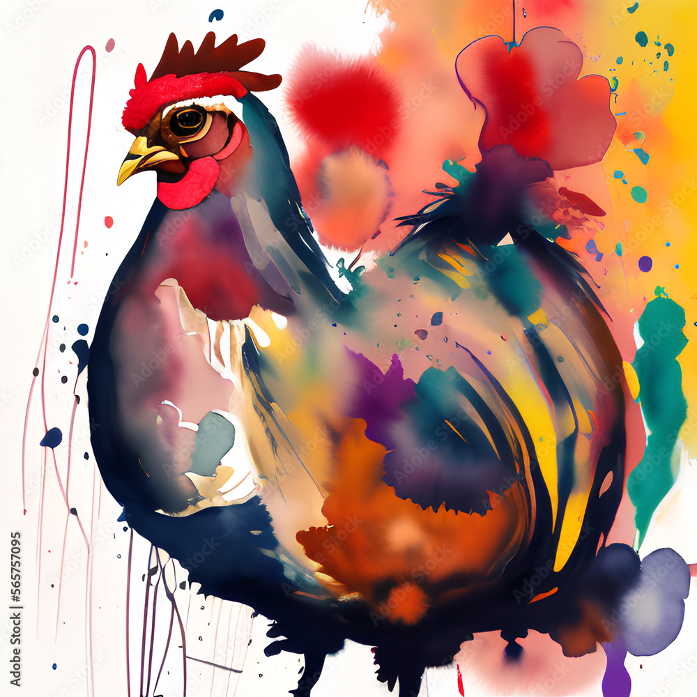Watercolor abstract strokes of a hen with paint splatter, paint splash ...