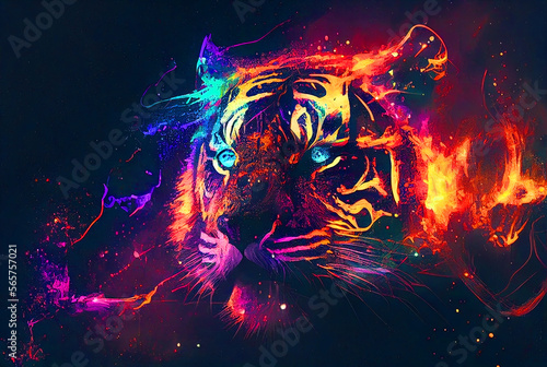 Tiger reflective neon glow colors painting illustration. Generative AI.