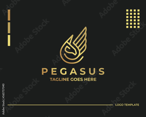 Winged Pegasus logo vector illustration in gold color. Stylized Pegasus mythical creature silhouette, winged horse logo vector