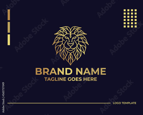 Minimal vector illustration of round shaped linear style logo design template of golden geometric lion head as aggressive apex predator