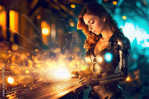 Beautiful Woman Cyborg Welding in a Factory Golden Sparks Generative AI Illustration photo