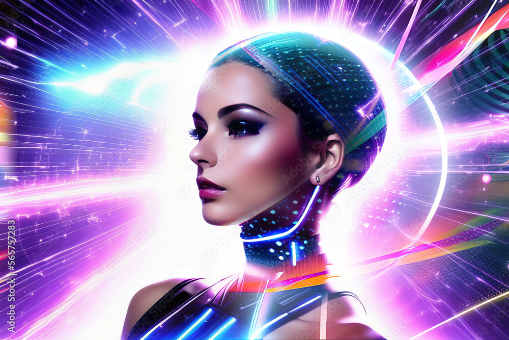 Neural Field Around Woman's Heaad Brightly Radiating Colored Lines Generative AI illustration Neural Field Around Woman's Heaad Brightly Radiating Colored Lines Generative AI illustration