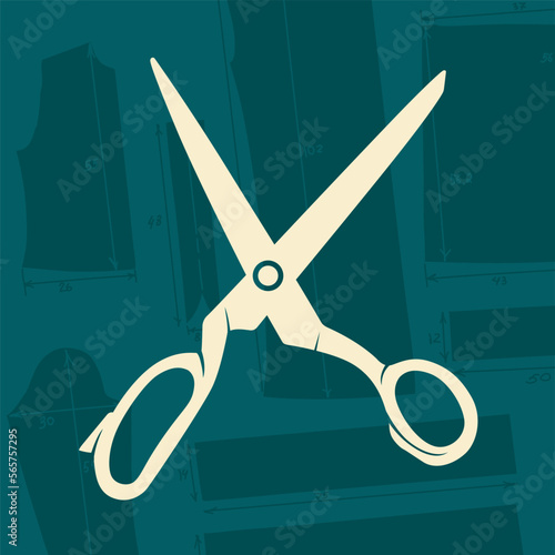 Tailoring vector illustration. Tailor scissors on background with patterns.