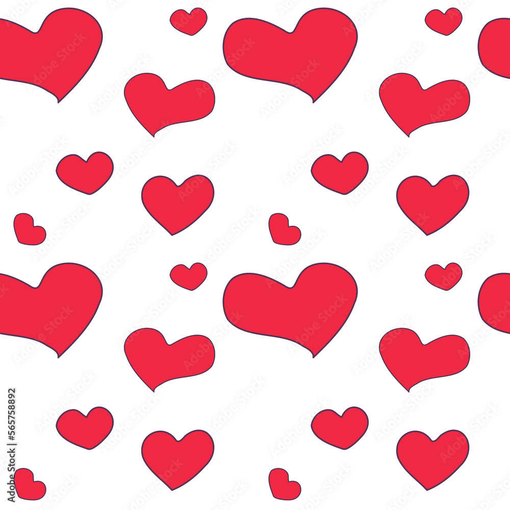Seamless pattern of flat red hearts isolated on white background