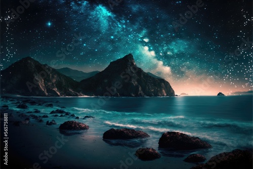 Night landscape with sea and mountains under starry sky. Generative AI © Kanisorn