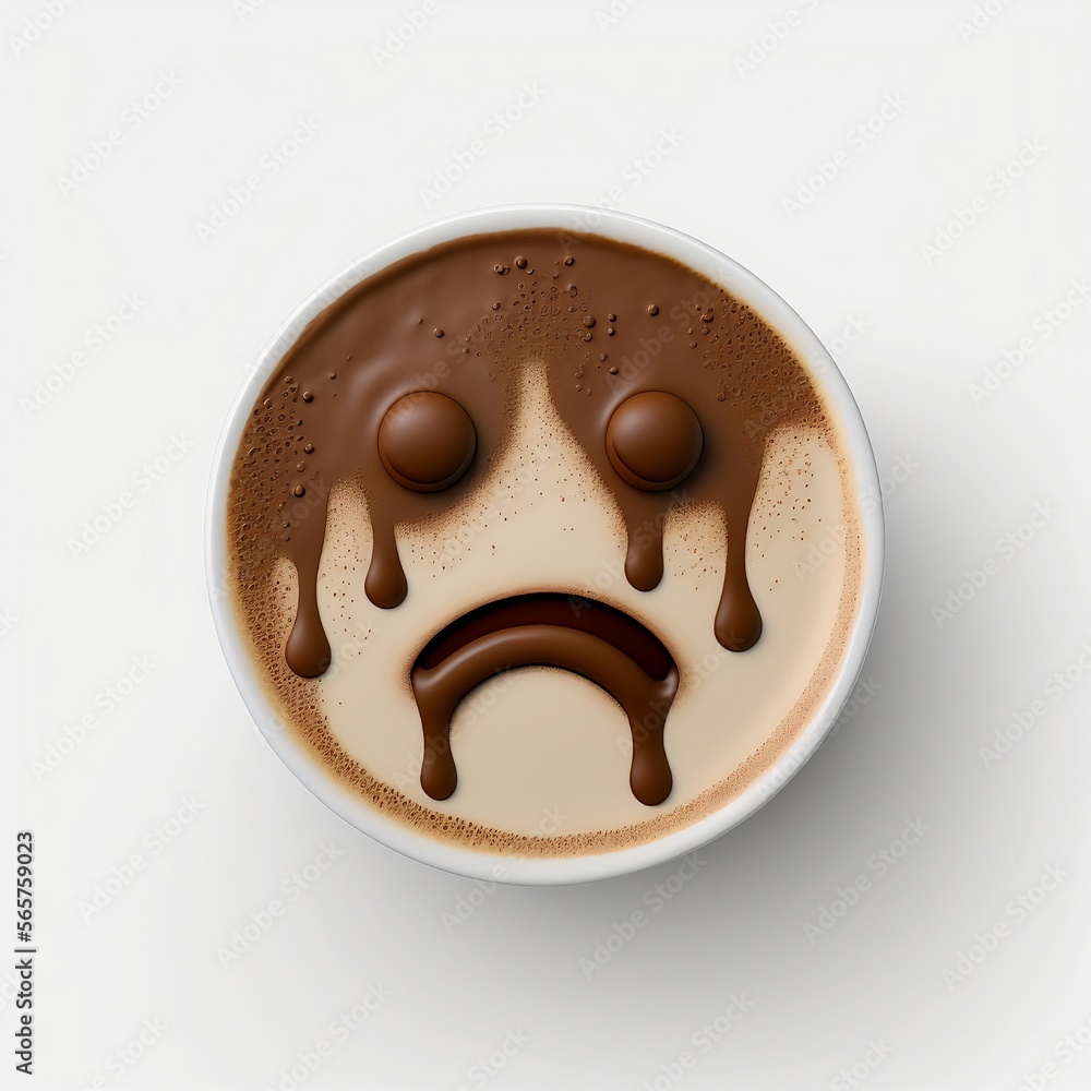 Fototapeta premium Cappuccino cup with cocoa power sad face on the milk, Generative AI