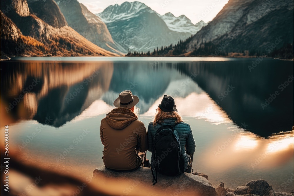 Love couple sitting in front of a lake, Generative AI Love couple sitting in front of a lake, Generative AI